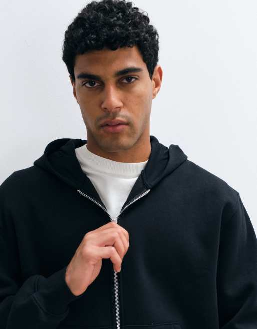 ASOS DESIGN essentials oversized boxy zip through hoodie in black, 3 of 5
