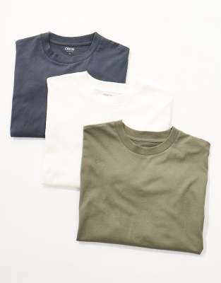 ASOS DESIGN ASOS DESIGN Essentials oversized crew t-shirts in 3 pack in cream charcoal and khaki-Multi