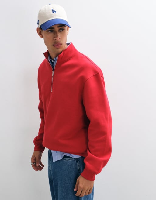 ASOS DESIGN essentials oversized quarter zip sweatshirt in red, 4 of 5
