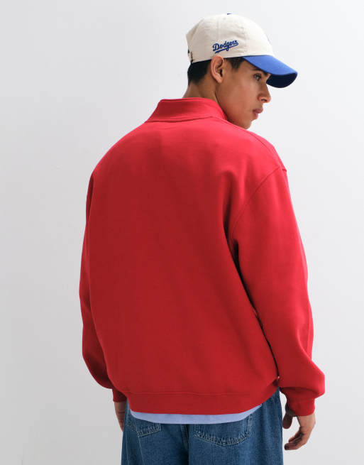 ASOS DESIGN essentials oversized quarter zip sweatshirt in red, 5 of 5