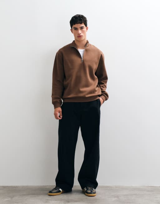 ASOS DESIGN essentials oversized relaxed fit quarter zip sweatshirt in brown, 2 of 5