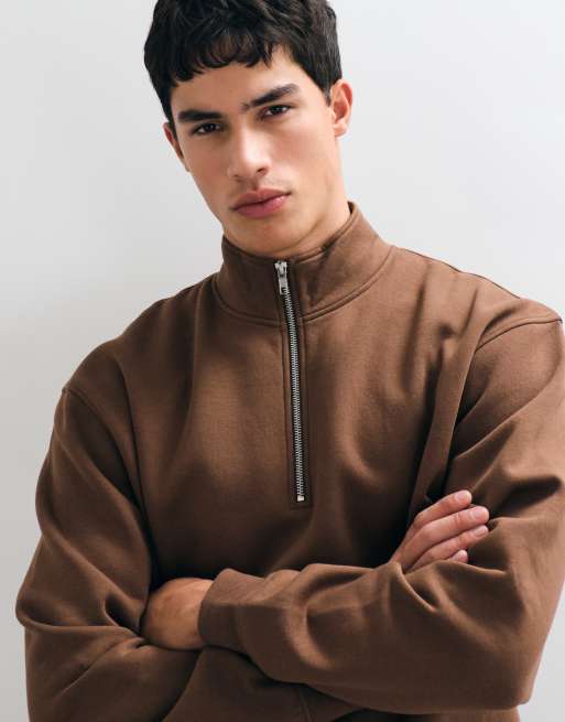 ASOS DESIGN essentials oversized relaxed fit quarter zip sweatshirt in brown, 3 of 5
