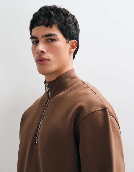 ASOS DESIGN essentials oversized relaxed fit quarter zip sweatshirt in brown, 5 of 5