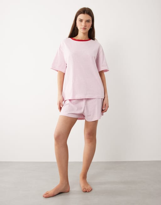 ASOS DESIGN Essentials oversized short sleeve tee and shorts pajama set with contrast neck binding in pink neppy, 2 of 4