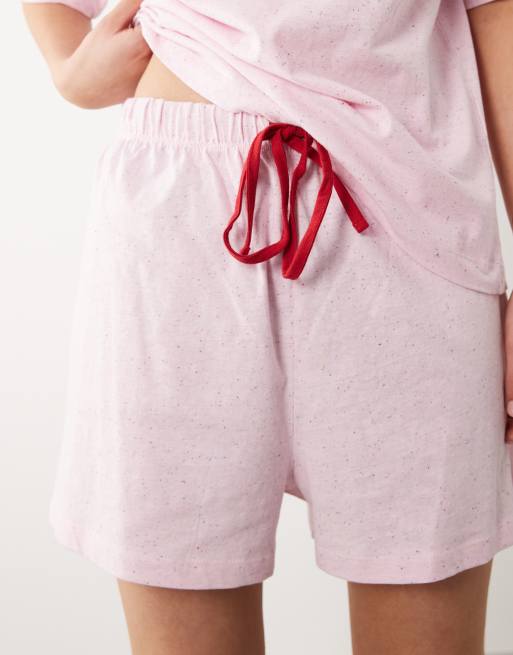 ASOS DESIGN Essentials oversized short sleeve tee and shorts pajama set with contrast neck binding in pink neppy, 4 of 4