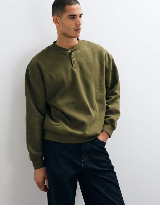 ASOS DESIGN essentials  oversized sweatshirt with henley neck in olive, 2 of 5