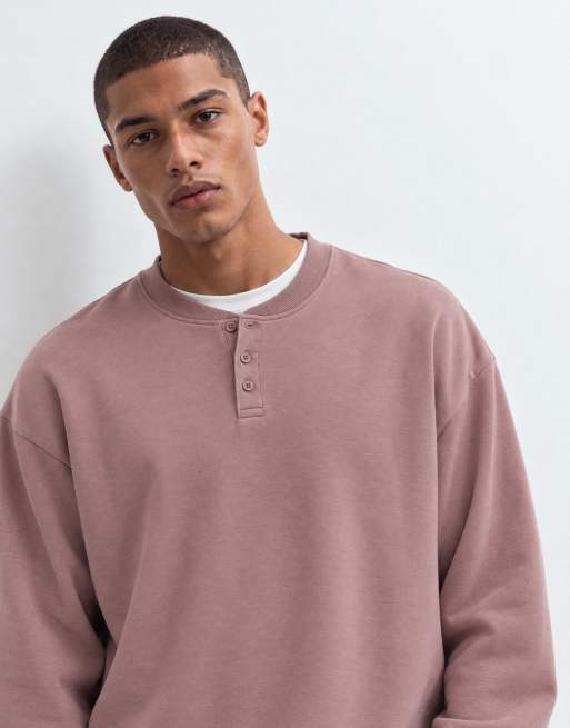 ASOS DESIGN essentials oversized sweatshirt with henley neck in pink, 10 of 10