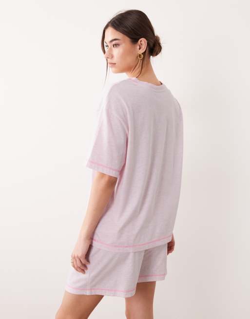 ASOS DESIGN Essentials oversized tee and shorts pajama set in dusty pink with contrast overlock stitch, 3 of 4