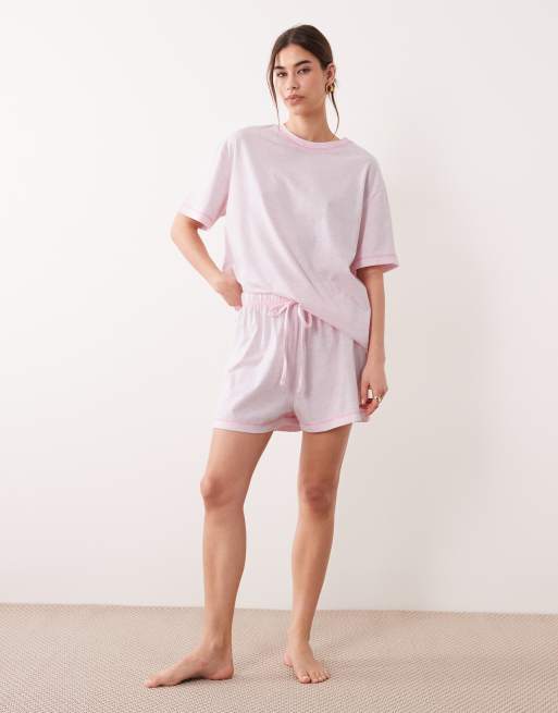 ASOS DESIGN Essentials oversized tee and shorts pyjama set in dusty pink with contrast overlock stitch, 2 of 4