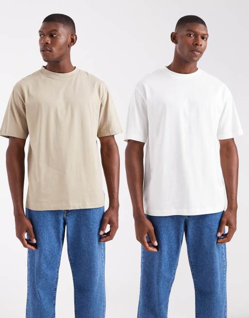 ASOS DESIGN - Essentials - Pakke med 2 afslappede T-shirts i hvid/beige