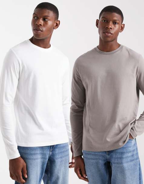 ASOS DESIGN - Essentials - Pakke med 2 langærmede T-shirts i beige/hvid i regular fit - view 1