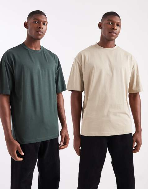 ASOS DESIGN - Essentials - Pakke med 2 oversized T-shirt i mørkegrøn/beige - view 1