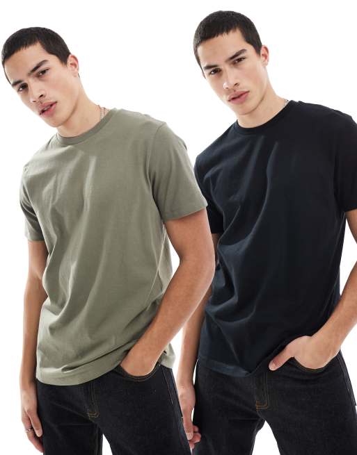ASOS DESIGN - Essentials - Pakke med 2 T-shirt i kakigrøn og sort med rund hals