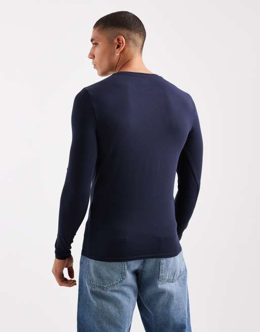 ASOS DESIGN - Essentials - Pakke med 2 tætsiddende langærmede T-shirts i beige og marineblå , 3 af 5