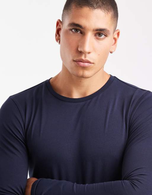 ASOS DESIGN - Essentials - Pakke med 2 tætsiddende langærmede T-shirts i beige og marineblå , 5 af 5