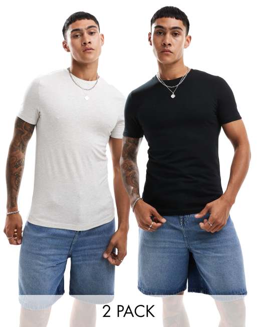 ASOS DESIGN - Essentials - Pakke med 2 tætsiddende T-shirts i sort/meleret beige