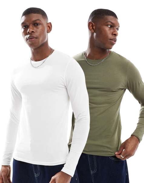 ASOS DESIGN - Essentials - Pakke med 2 tætsiddende T-shirts med lange ærmer i cremehvid/kakigrøn - view 1