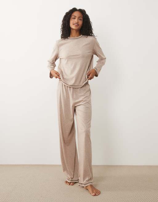 ASOS DESIGN - Essentials - Pigiama a maniche lunghe color avena mèlange con cuciture a contrasto, 3 di 4