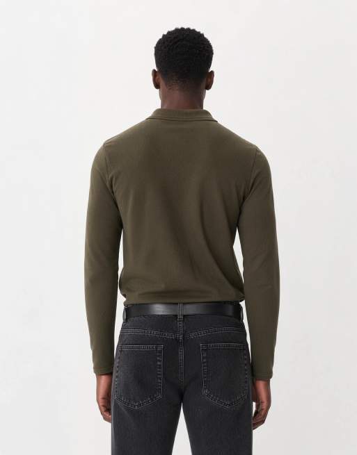 ASOS DESIGN - Essentials - Polo attillata a maniche lunghe in piqué kaki, 9 di 10