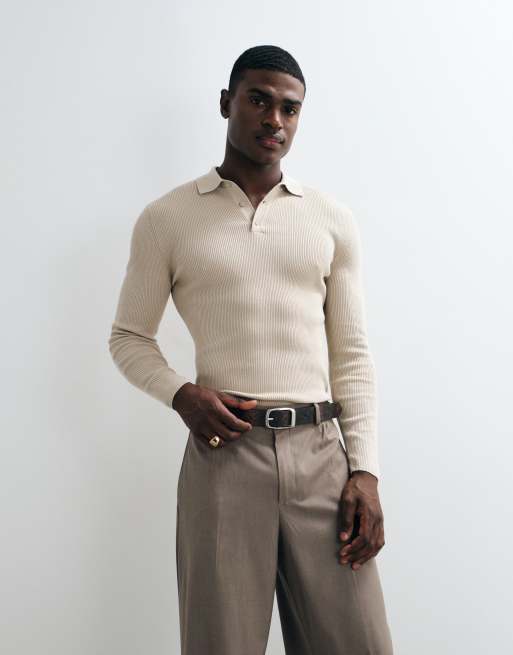 ASOS DESIGN - Essentials - Polo attillata in maglia leggera a micro coste color pietra, 4 di 5