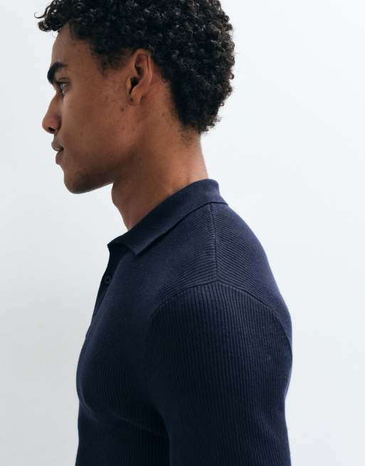 ASOS DESIGN Essentials polo in maglia a micro coste, aderente, leggero, navy, 4 di 5