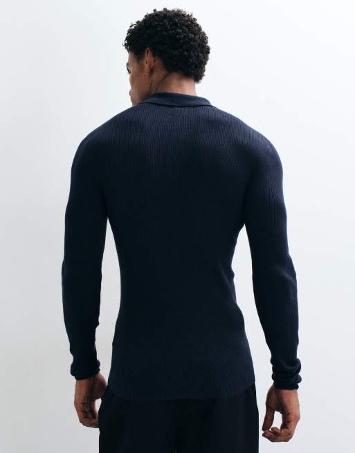 ASOS DESIGN Essentials polo in maglia a micro coste, aderente, leggero, navy, 5 di 5