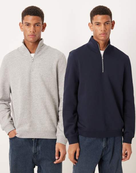 ASOS DESIGN essentials quarter zip sweatshirt 2 pack in navy and grey marl - view 1