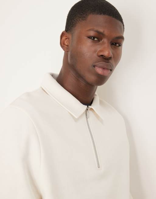 ASOS DESIGN standard fit quarter zip sweatshirt with collar in beige