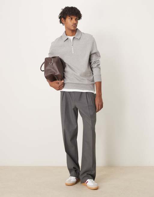 ASOS DESIGN essentials quarter zip sweatshirt with collar in grey marl, 3 of 4