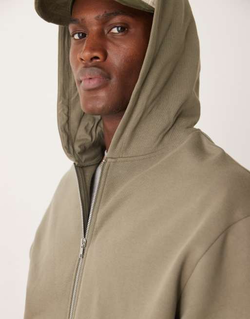 ASOS DESIGN essential boxy oversized zip through hoodie in khaki