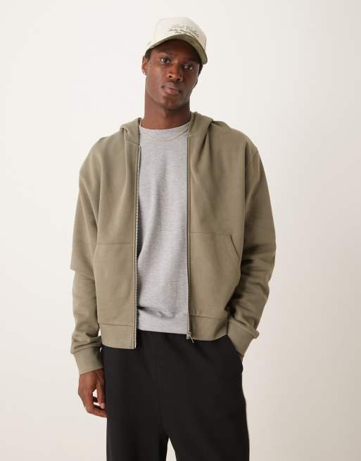 ASOS DESIGN essential boxy oversized zip through hoodie in khaki