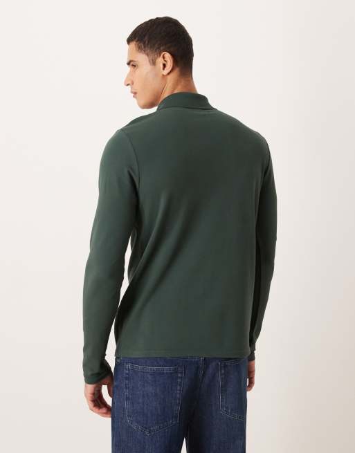 ASOS DESIGN Essentials regular fit long sleeve pique polo shirt in green, 3 of 5