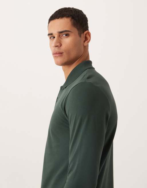 ASOS DESIGN Essentials regular fit long sleeve pique polo shirt in green, 4 of 5