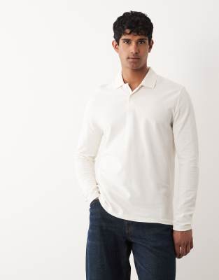 Essentials regular fit long sleeve polo in cream pique-White