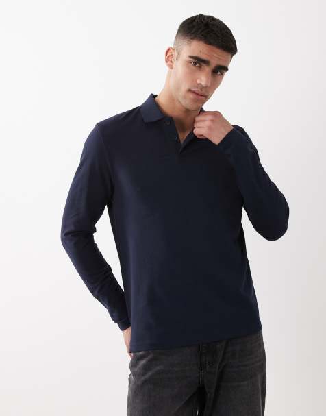 ASOS DESIGN Essentials regular fit long sleeve polo in navy pique - view 1