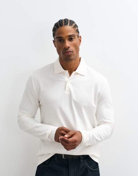 ASOS DESIGN Essentials regular fit long sleeve polo shirt in cream pique - view 1