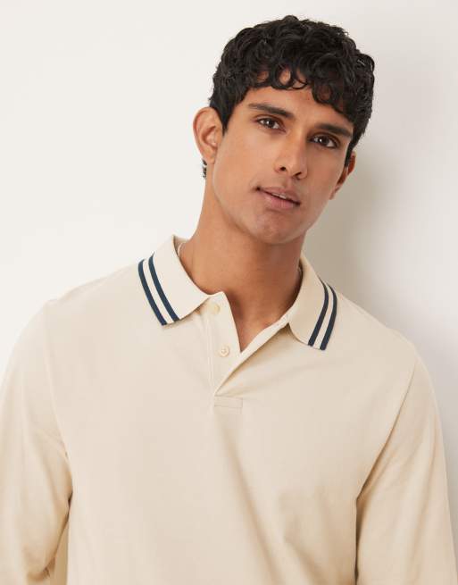 ASOS DESIGN essentials regular fit long sleeve polo with navy tipping in stone pique, 4 of 4