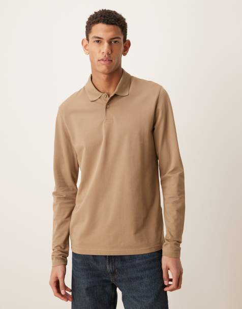 ASOS DESIGN - Essentials - Regular-fit piqué polo met lange mouwen in bruin - view 1