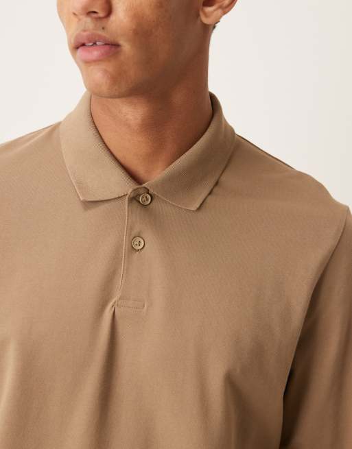 ASOS DESIGN - Essentials - Regular-fit piqué polo met lange mouwen in bruin, 5 van 5