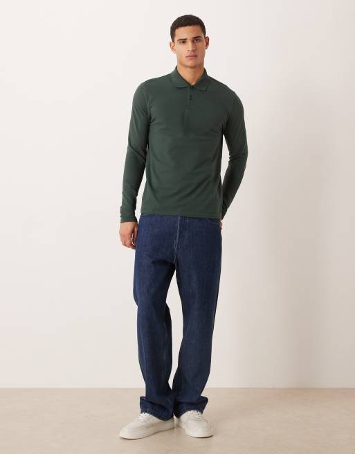 ASOS DESIGN - Essentials - Regular-fit piqué polo met lange mouwen in groen, 2 van 5