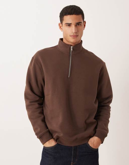 ASOS DESIGN essentials relaxed fit quarter zip in brown 