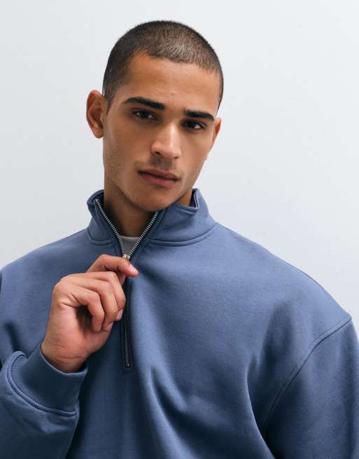 ASOS DESIGN essentials relaxed fit quarter zip sweatshirt in blue, 2 of 5