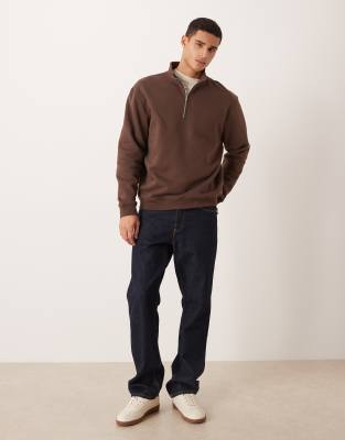 Asos Design Essentials Relaxed Fit Quarter Zip Sweatshirt In Brown