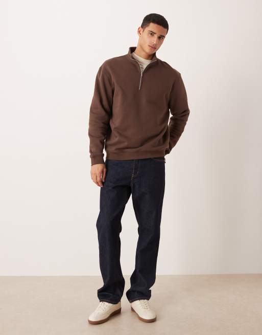 ASOS DESIGN essentials relaxed fit quarter zip sweatshirt in brown, 2 of 5