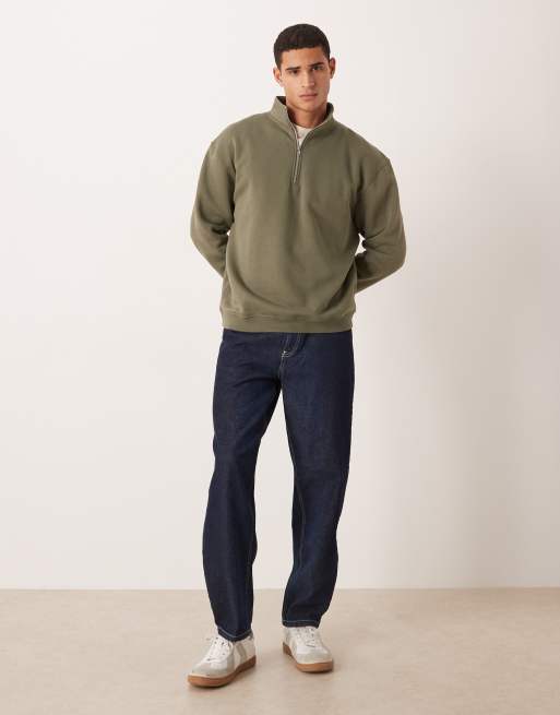 ASOS DESIGN essentials relaxed fit quarter zip sweatshirt in green , 2 of 5