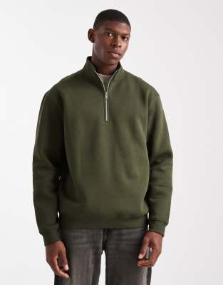 Asos Design Essentials Relaxed Fit Quarter Zip Sweatshirt In Green