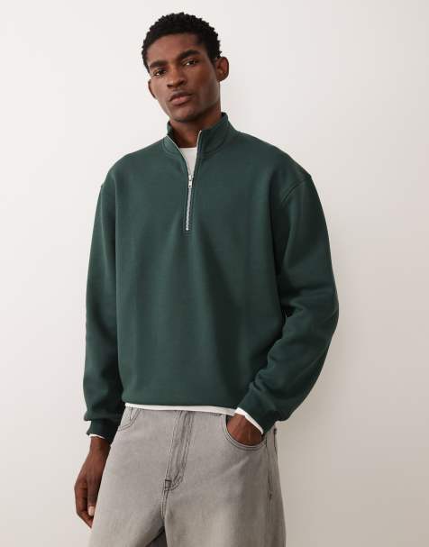 ASOS DESIGN Essentials relaxed half zip sweatshirt in dark green - view 1