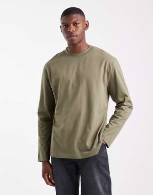 Asos Design Essentials Relaxed Long Sleeve T-shirt In Green