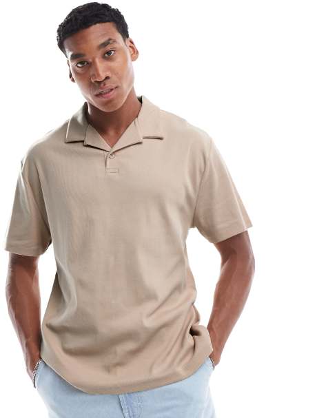 ASOS DESIGN essentials revere relaxed fit polo in beige rib - view 1