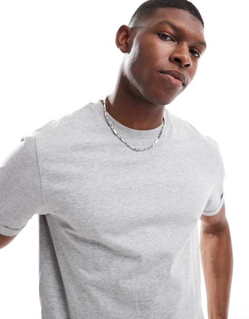 ASOS DESIGN Essentials roll sleeve t-shirt with crew neck in grey marl, 4 of 4
